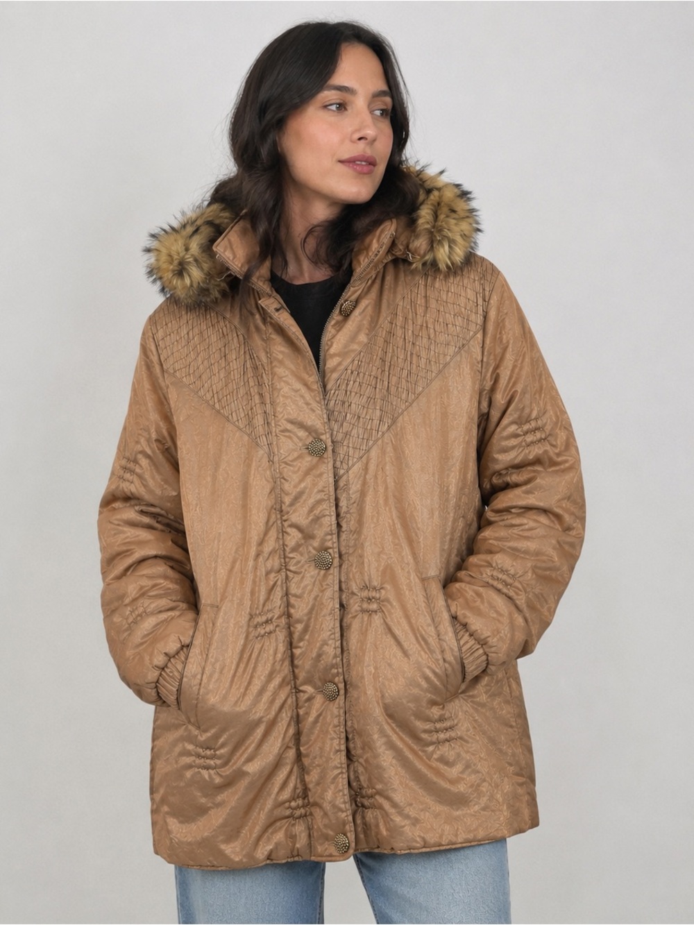 Gallery Y2K Bronze Faux Fur Hooded Parka Jacket Womens XS Metallic